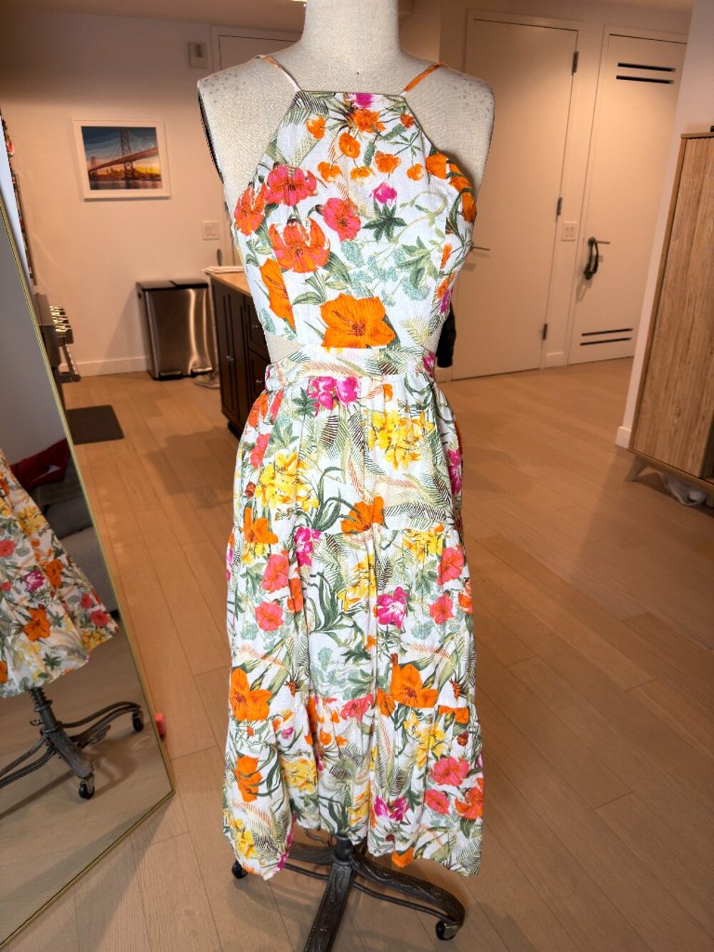 Chelsea & Violet Tropical Floral Print Tiered Midi Dress Linen Blend Tie Back